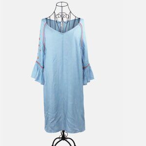 Light Blue Dress Bell Sleeves XL Rayon Fabric Bohemian Embroidered Shift Tunic